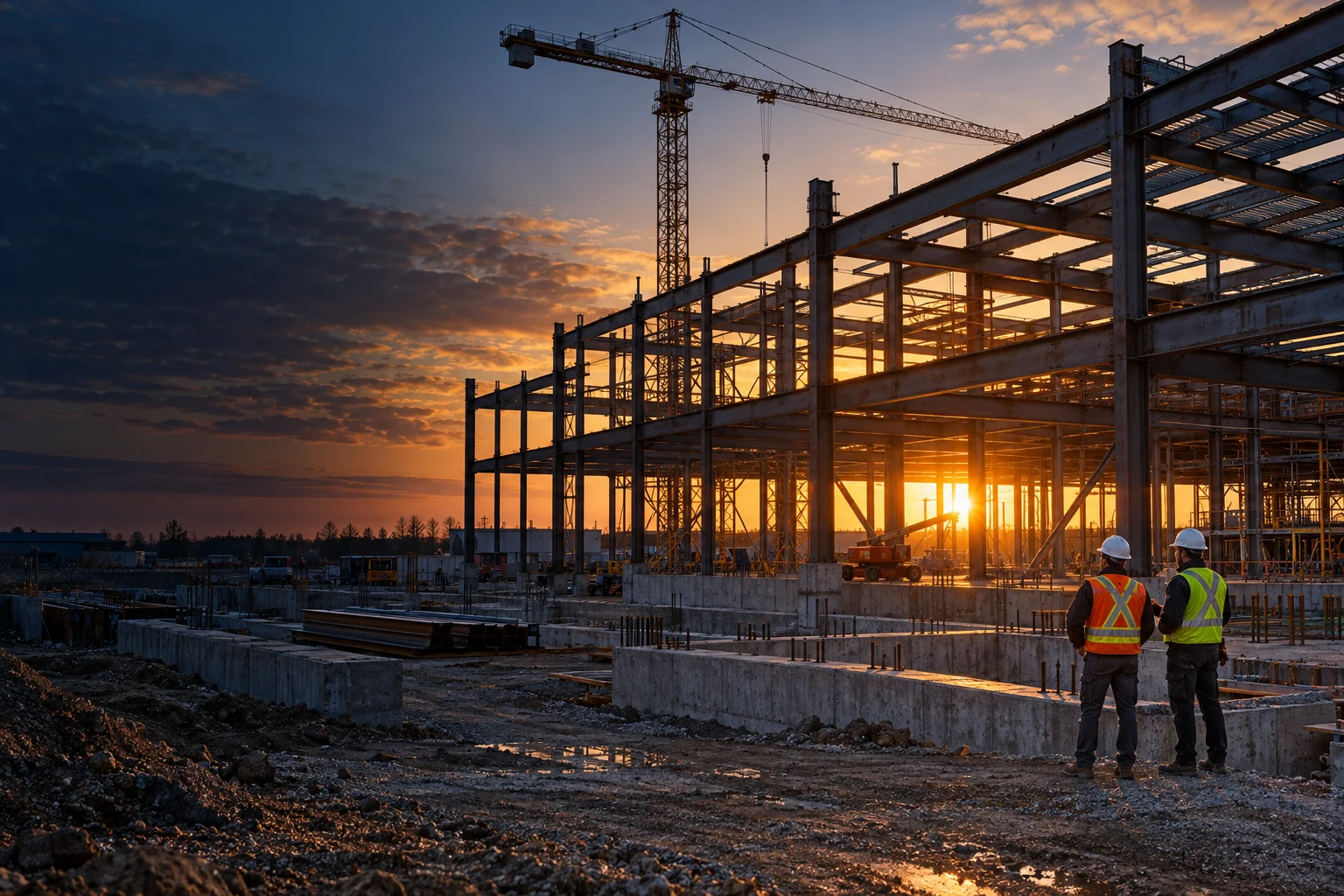 Illustrative steel-frame construction site at sunset, with a crane and two workers in safety equipment